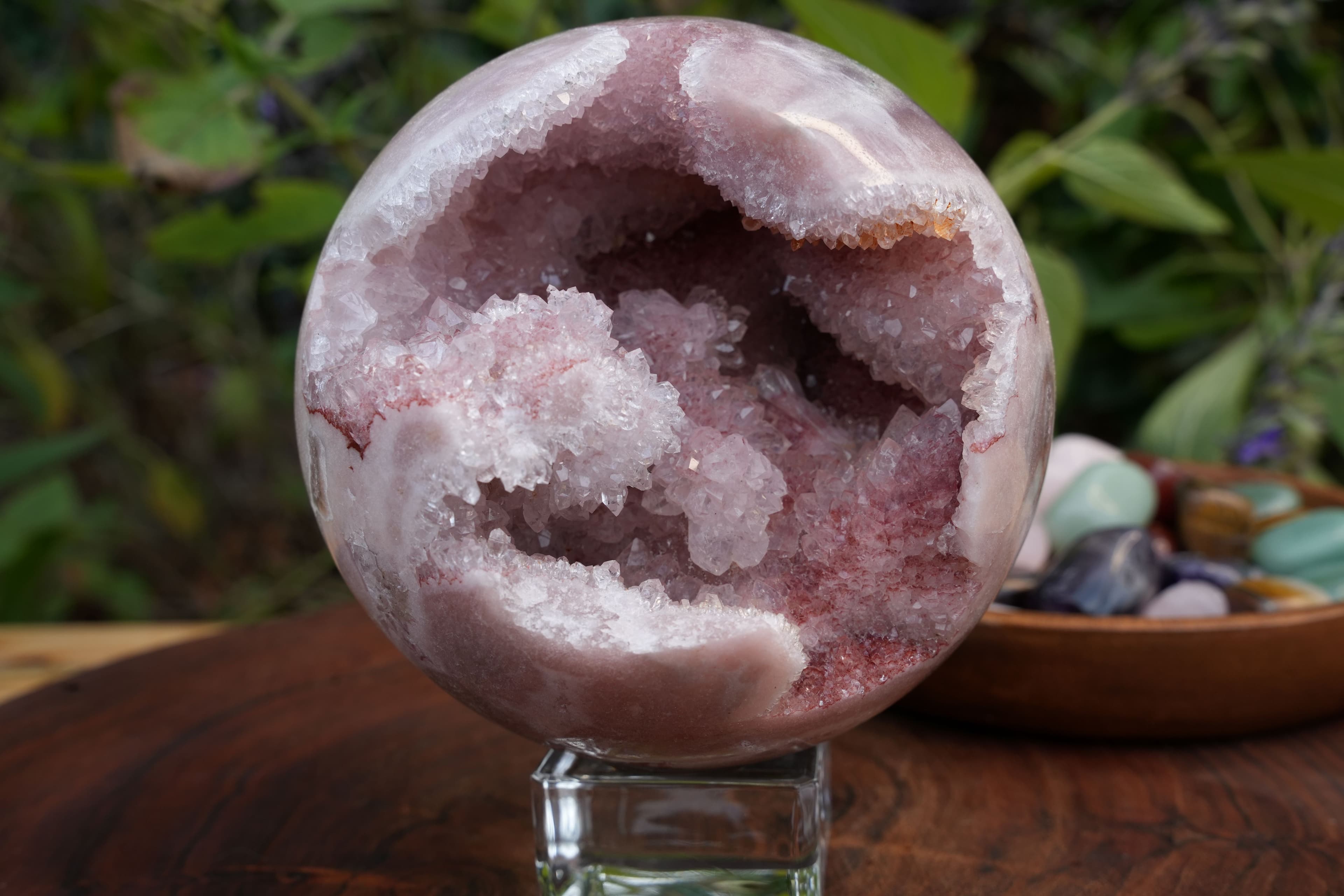 AAA Grade Druzy Pink Amethyst Sphere on Glass Stand | Reiki Infused